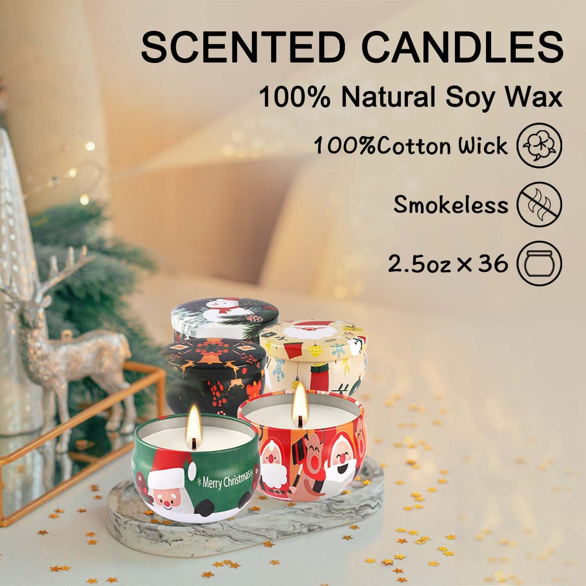 36Pack Christmas Scented Candles Sets,Long Burning,2.5oz Natural Soy Wax with Essential Oils Decorative Aromatherapy Candles for Christmas，Thanksgiving Gift, Home Scented