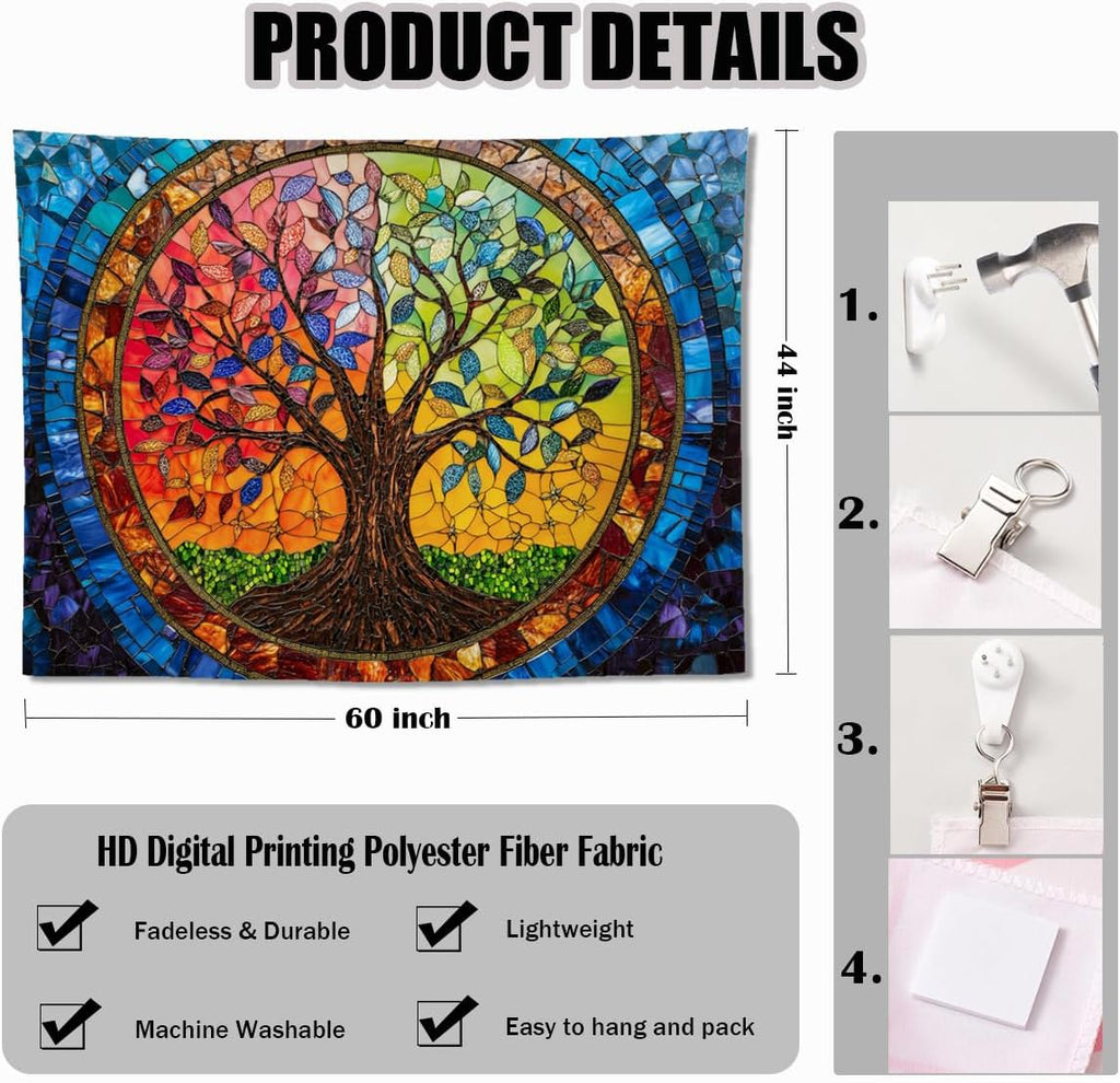 keowhsf Tree of Life Tapestry Wall Hanging – Colorful Stained Glass Look Wall Art with Fantasy Aesthetic, Large Tapestry for Bedroom, Living Room, Home Decor