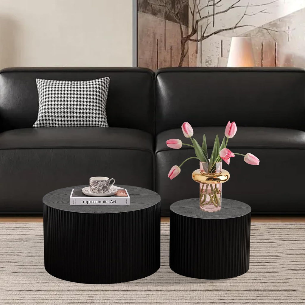 Modern Black Nesting Coffee Table Set of 2 Handcraft Fluted Coffee and End Table Sets Wooden Drum Small Round Side Table Funky Center Tables for Living Room,No Assembly,Black Small