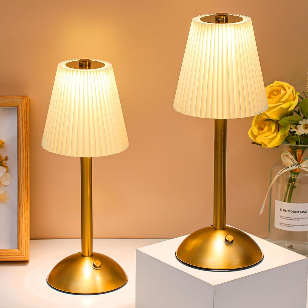 Liliful 2 Pcs LED Portable Cordless Table Lamp Touch Battery Operated Rechargeable Desk Lamp 3 Color Dimmable for Bedroom Living Room Dining (Beige Cloth Style,Gold)