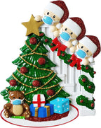 Masked Family of 3 Christmas Ornament 2025 Personalized Family Christmas Ornaments 2025 | Pandemic Memorial Personalized Tree Ornaments Customizable Gifts with Bear in The Staircase of Three Ornament