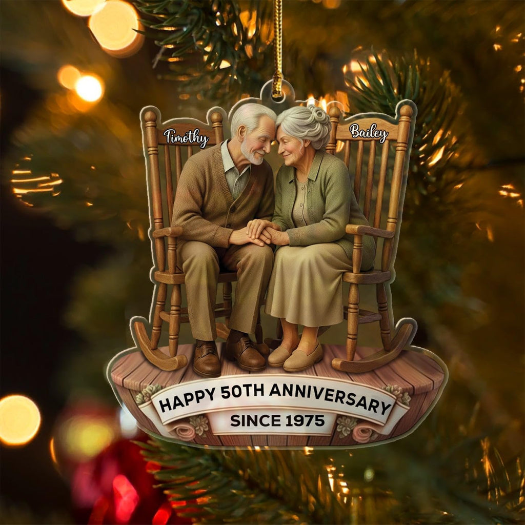 Personalized 50th Anniversary Shaped Christmas Ornament 2025, Old Couple Sitting On Rocking Chairs Together Ornaments Gift for Wedding Anniversary, Custom Text Name Ornament for Parents Grandparents