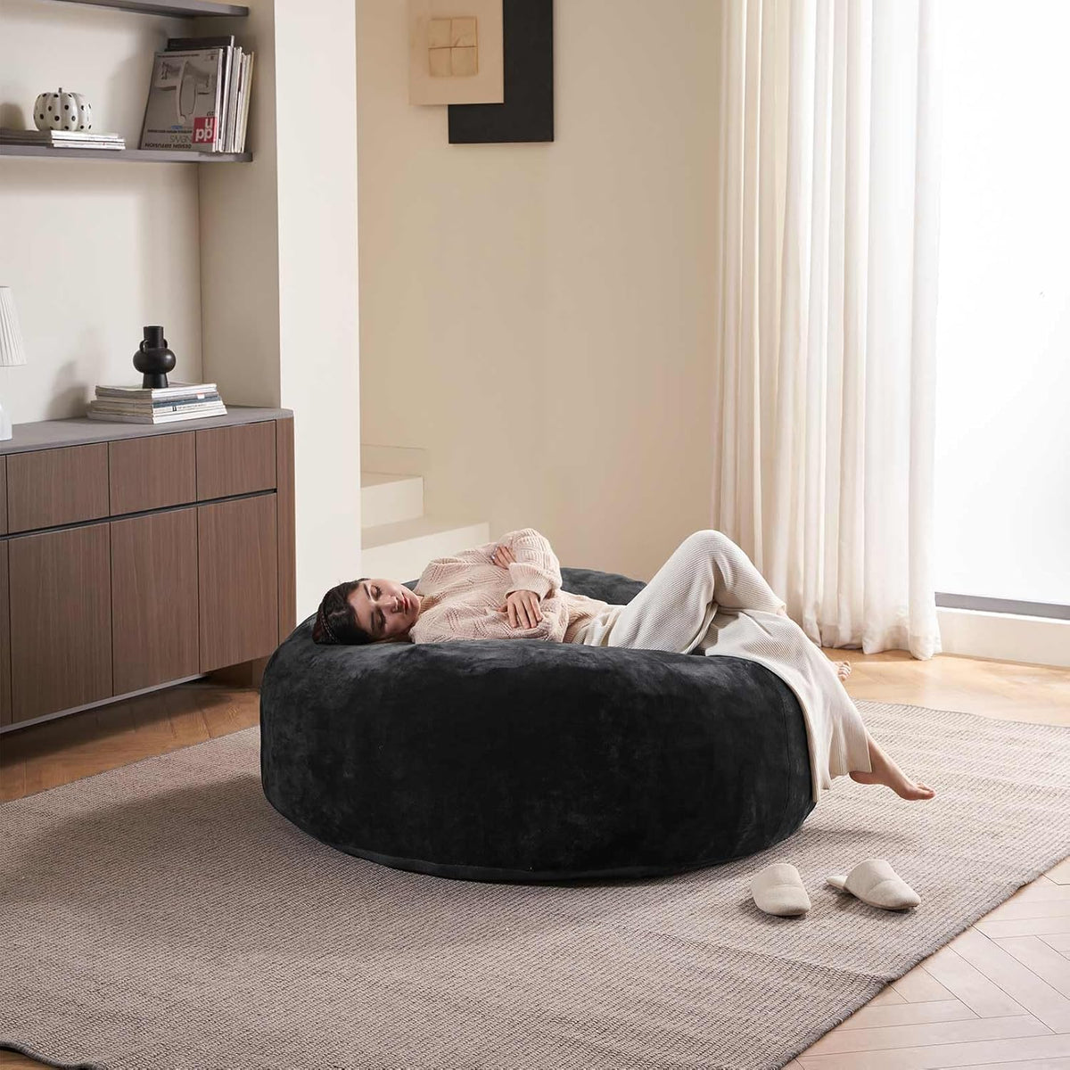 5FT，Big Bean Bag Chairs for Adults，Large beanbag with Filler Included，Memory Foam Material，Easy to Clean and Washable Corduroy Fabric，Suitable for Living Room and Bedroom (Black, 5 Foot)