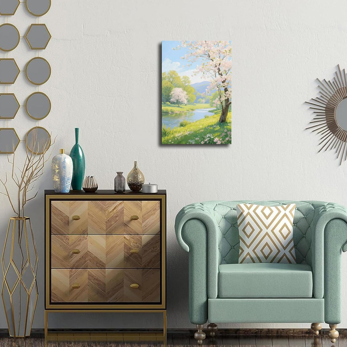 The scenery of a stream between trees and cherry blossoms under the blue sky is suitable for posting in the living room bedroom office landscape posters