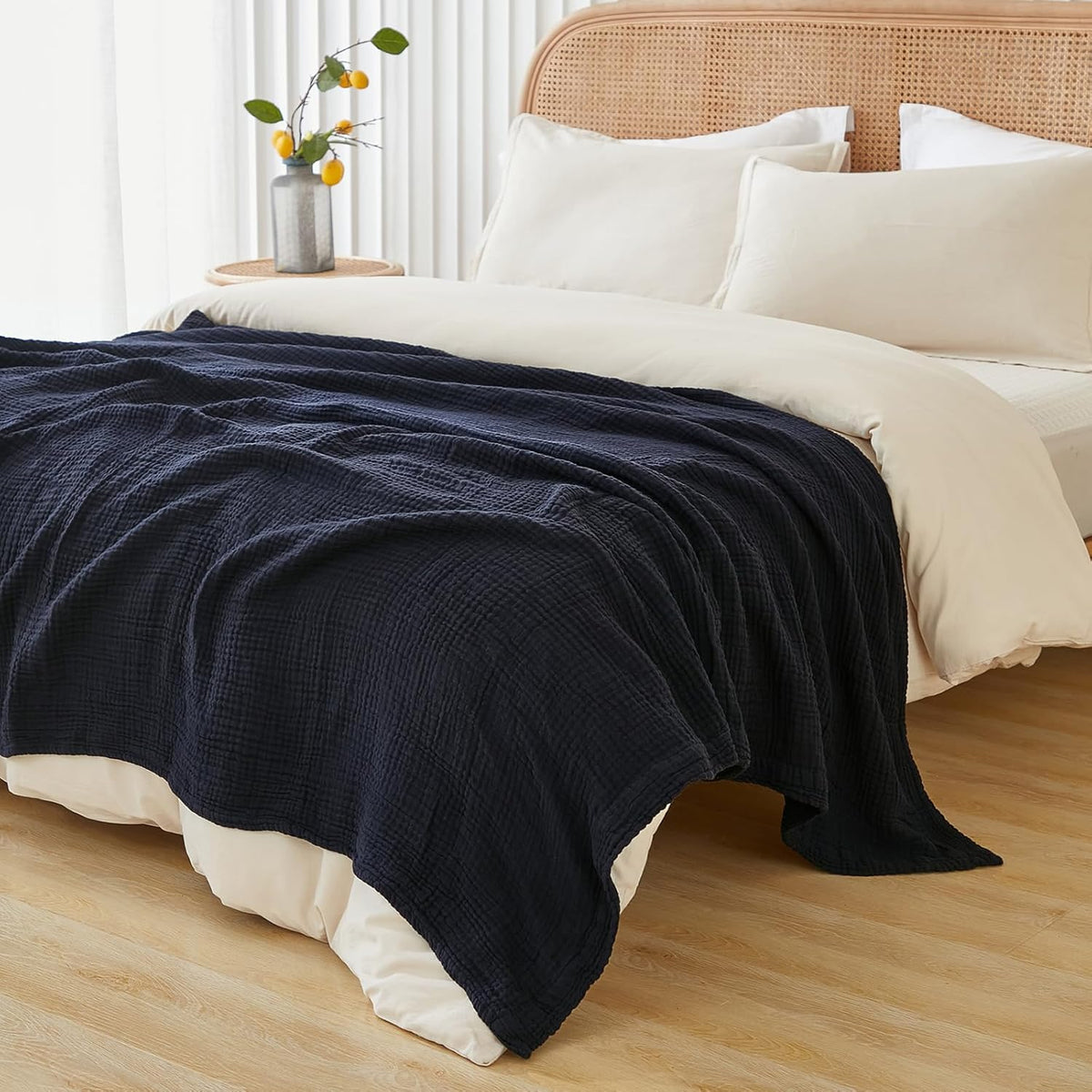 EMME Cotton Throw Blanket for Couch Soft Muslin Blankets 50"x60" Lightweight Breathable Blanket All Season Gauze, Navy