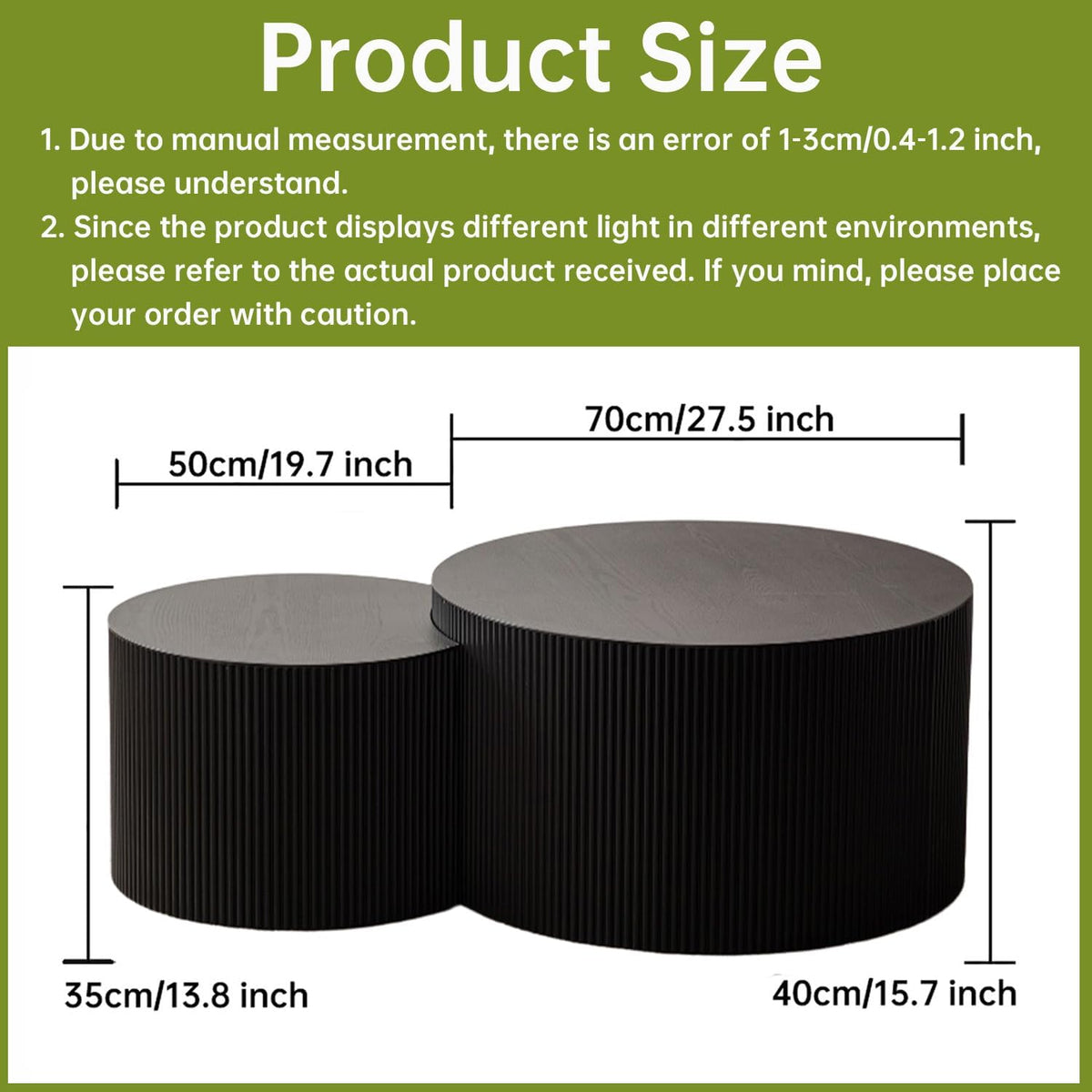 Round Nesting Coffee Table Set of 2 Small Round Coffee Tables for Living Room Modern Fluted Coffee Table Circular End Table Side Table for Small Spaces No Assembly (Black B, 27 in)
