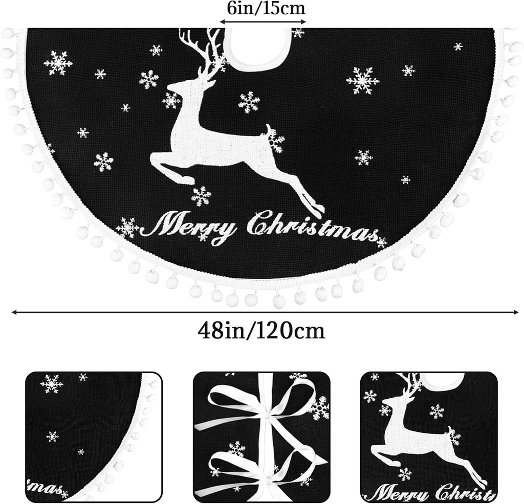48 Inch Christmas Tree Skirt, Burlap Black Christmas Rustic Tree Skirt with Elk Deer and White Snowflake Printed for Holiday Party Xmas Tree Decoration
