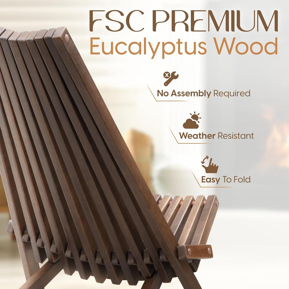 IDZO Elina FSC Eucalyptus Tamarack Chairs, 300Lbs Capacity Modern Adirondack Style, Wooden Folding Seats, for Fire Pit Outdoor & Indoor - Cinnamon, Set of 2