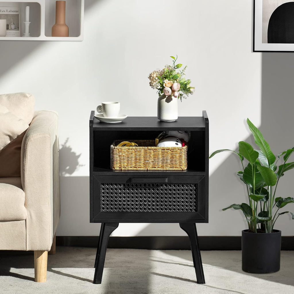 Lerliuo Rattan Nightstand, Side Table with Drawer Open Shelf, Cane Accent Bedside End Table with Solid Wood Legs, Mid Century Modern Night Stand for Bedroom, Dorm and Small Spaces (Black)