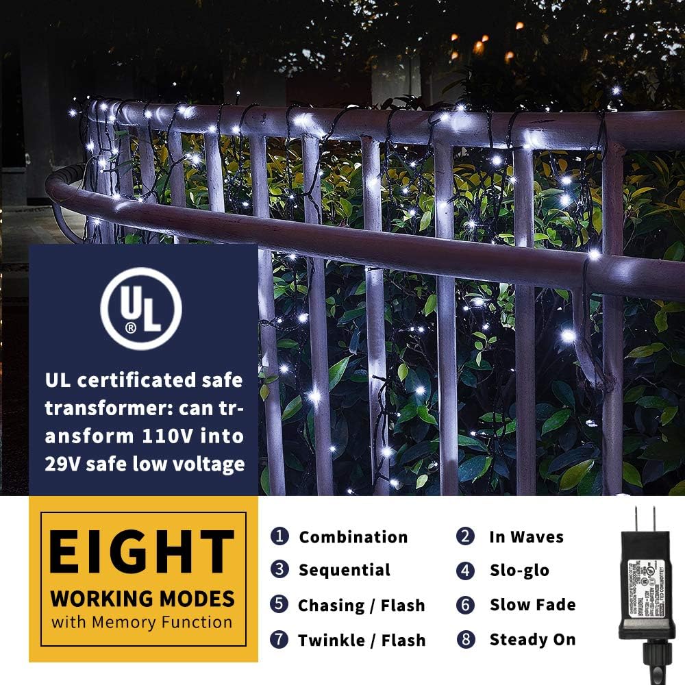 XTF2015 105ft 300 LED Christmas String Lights, End-to-End Plug 8 Modes - UL Certified - Outdoor Indoor Fairy Lights for Christmas Tree, Patio, Garden, Party, Wedding, Holiday (Cool White)