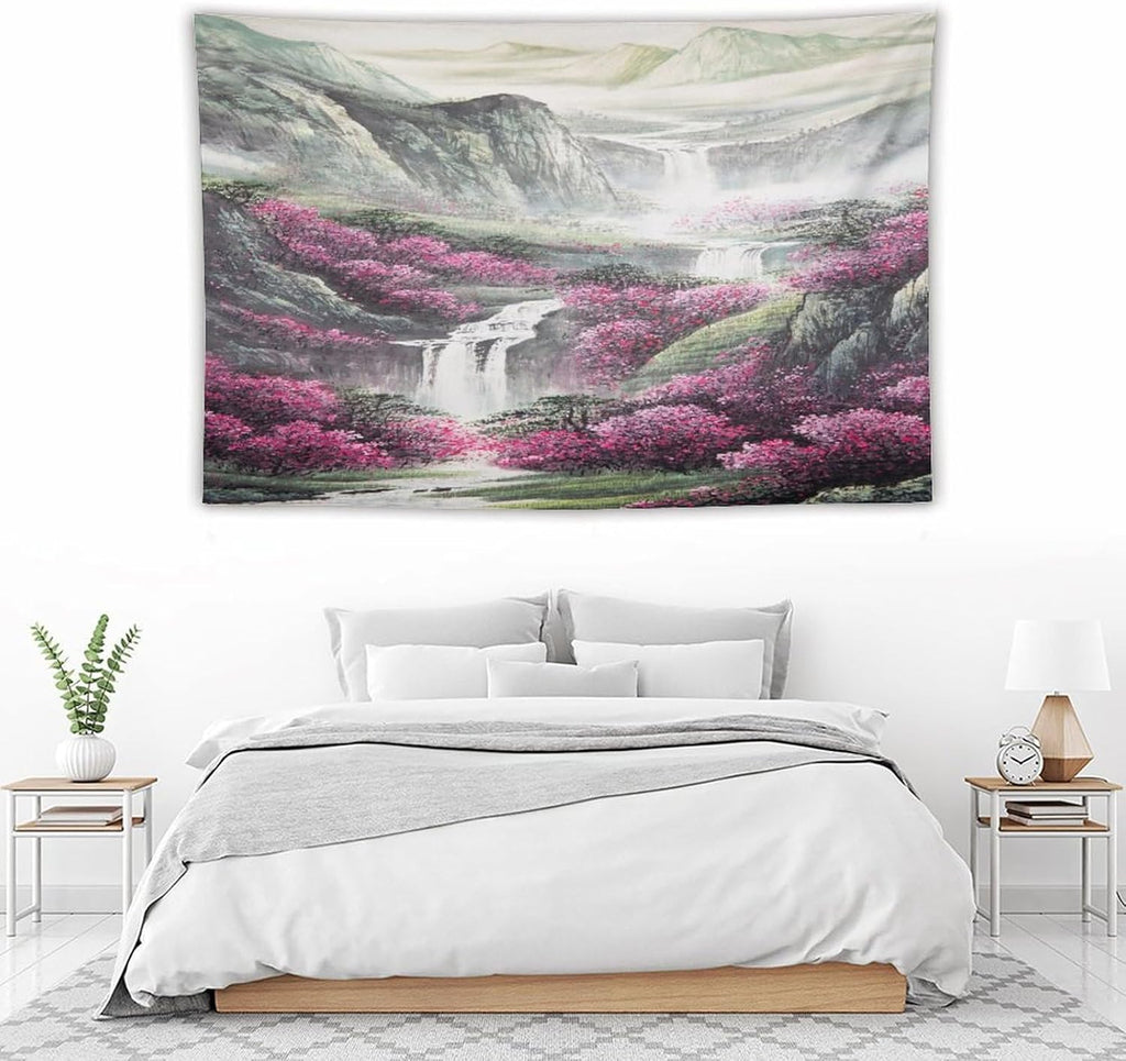 Japanese Tapestry, Red Plum Blossom Mountain Tapestry, Asian Japanese Wall Tapestry, Nature Landscape Tapestries for Bedroom Living Room Decor 90"x60"