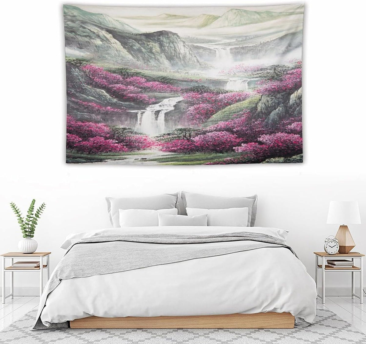 Japanese Tapestry, Red Plum Blossom Mountain Tapestry, Asian Japanese Wall Tapestry, Nature Landscape Tapestries for Bedroom Living Room Decor 90"x60"