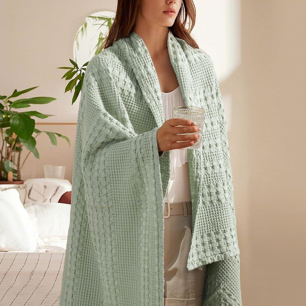 PHF 100% Cotton Waffle Weave Throw Blanket, Soft Lightweight Breathable Cozy Summer Throws for Couch Bed Sofa, Luxury Aesthetic Woven Blanket for Home Decor & Office, 50"x60", Sage Green