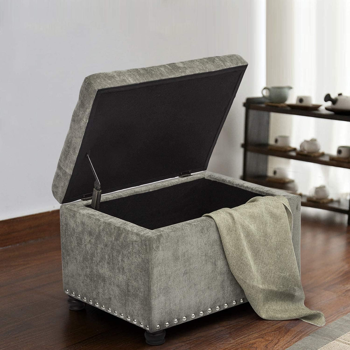 Joveco Storage Ottoman Foot Rest Stool, 24" Velvet Footstool Bench for Living Room Bedroom, Light Grey