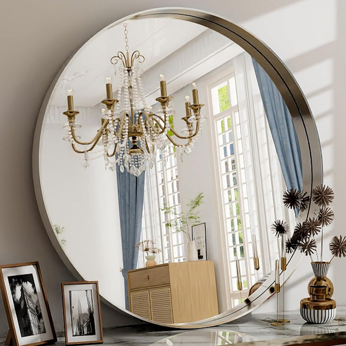 32 Inch Silver Round Bathroom Mirror - Wall Mounted Circle Mirror with Metal Frame, Modern Mirror Suitable for Bathroom, Vanity, Entryway, Living Room, Wall Decor