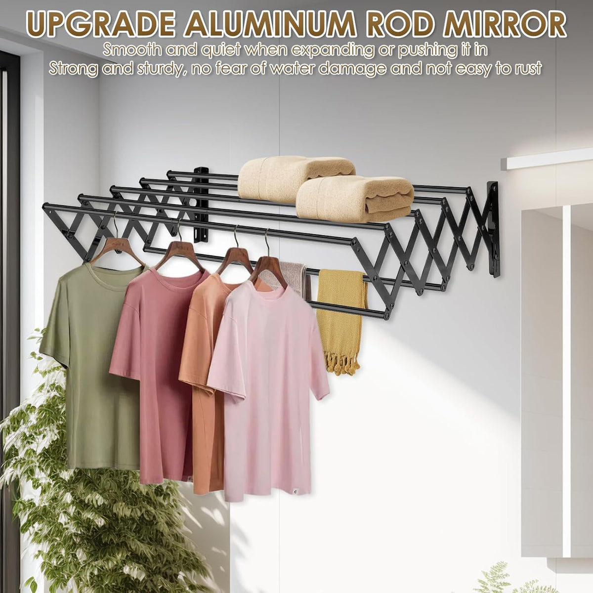 XL-31.5'' Wall Mounted Clothes Drying Rack, 130 lbs Large Capacity Rustproof Retractable Collapsible Drying Rack Easy Install with 7 Drying Rods, Space Saving Towel Clothes Rack for Laundry-Black