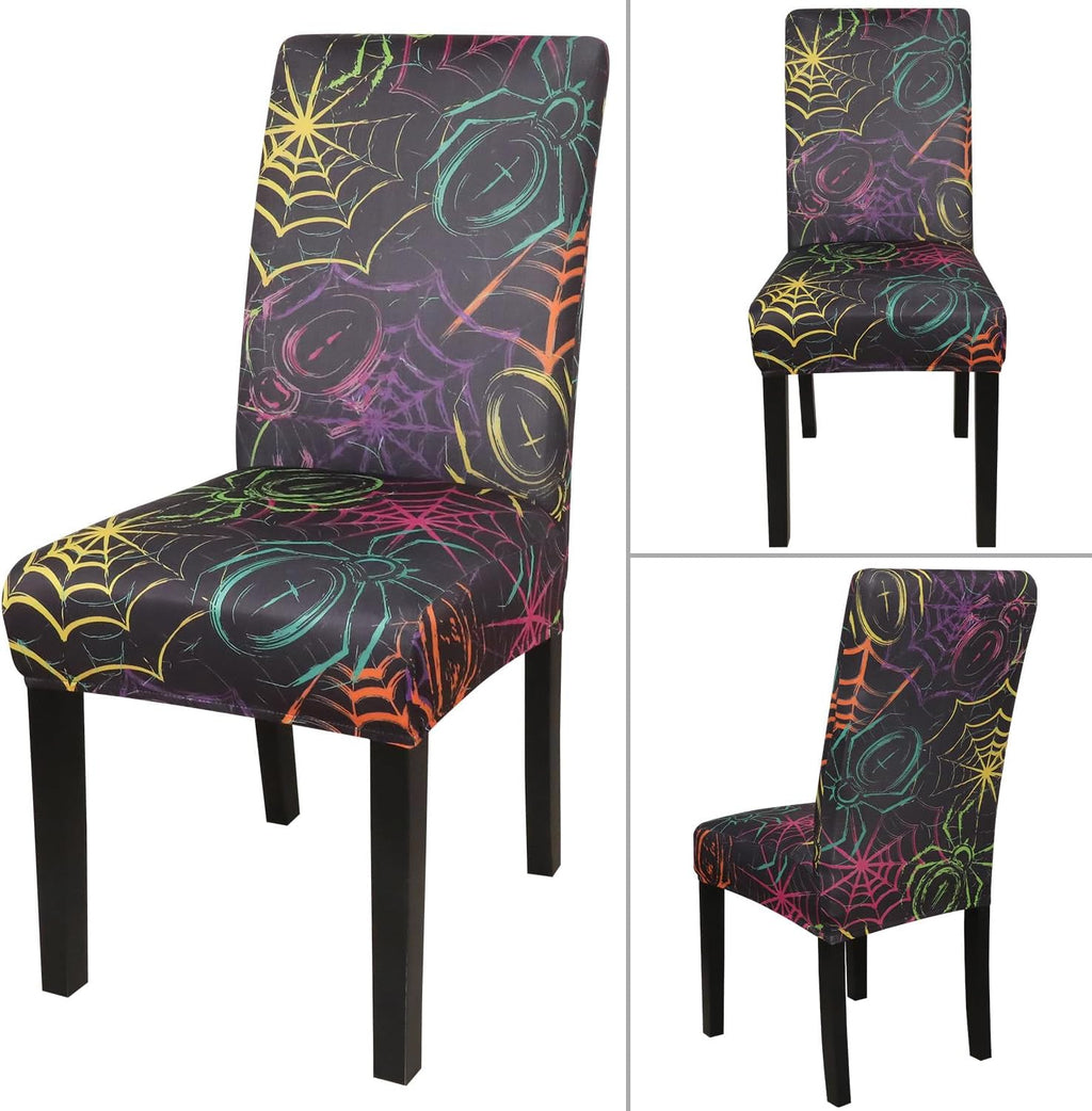 JQinHome Spider Halloween Chair Slipcover,Web Black Chair Covers Set of 4, High Stretch Washable Chair Protector Cover for Dining Room, Kitchen,Home Party,Wedding Ceremony(Spider,4PC)