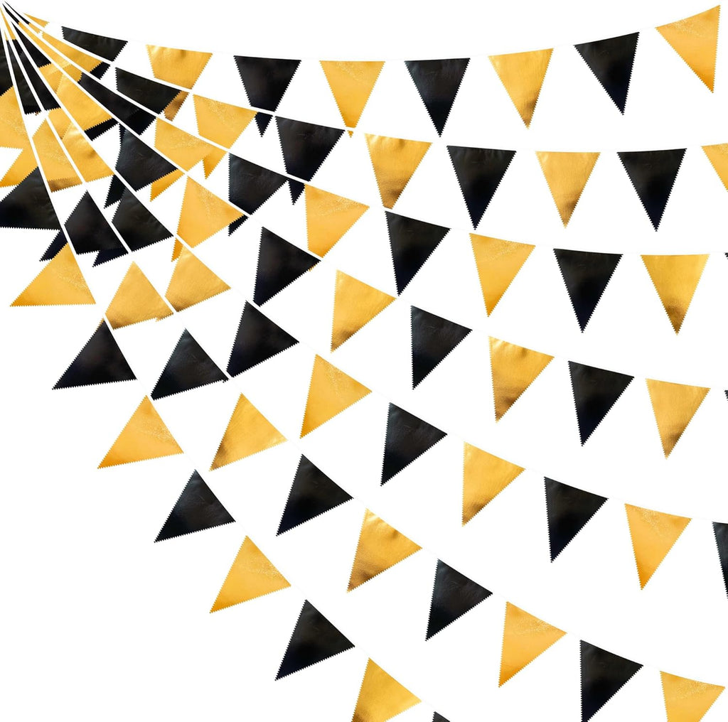 Black and Gold Party Decorations Triangle Pennant Banner Flag Metallic Fabric Bunting Garland for Birthday Graduation Anniversary Wedding Bachelorette Bridal Shower Engagement Hen Party Supplies