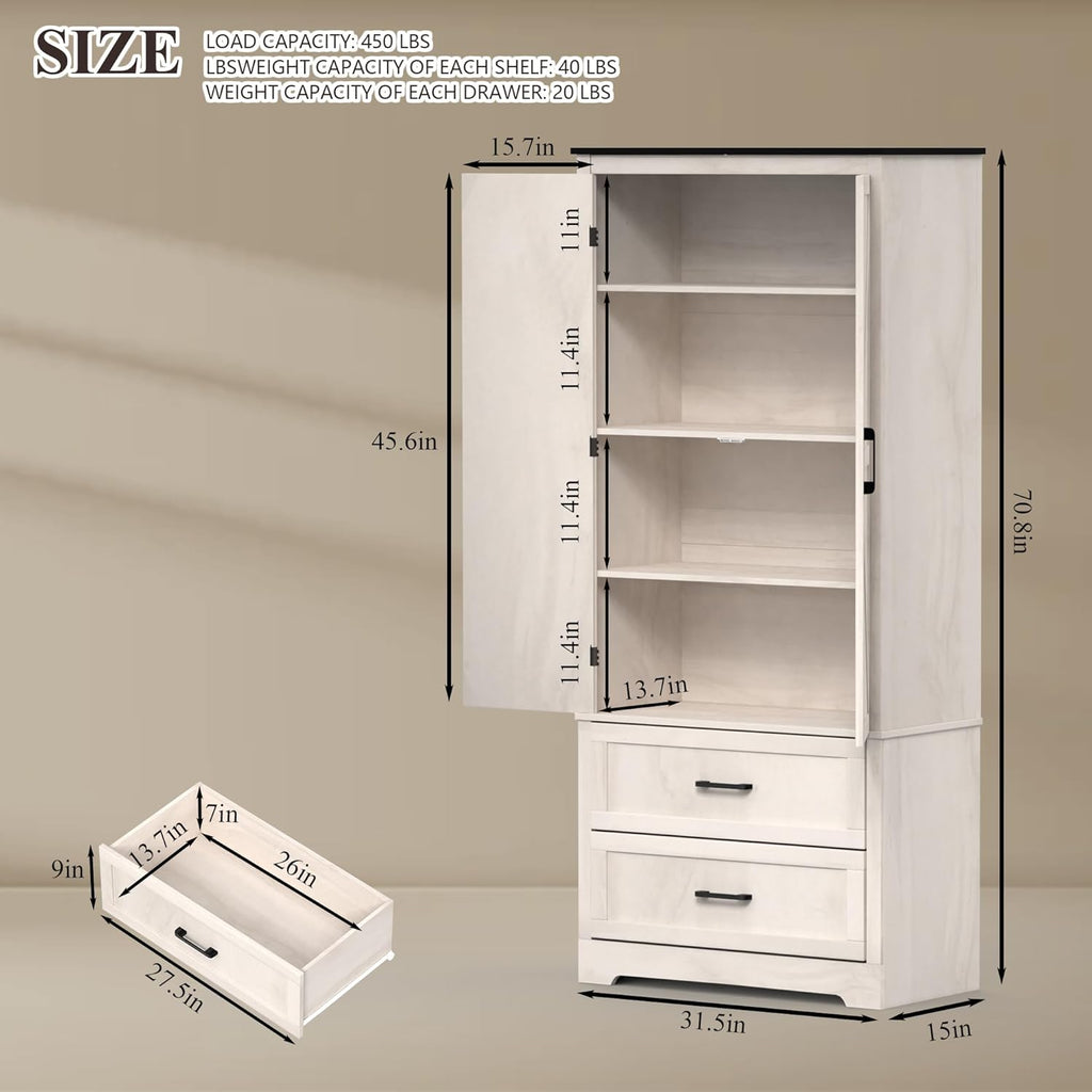 71" Kitchen Pantry Storage Cabinet, Barn Doors Tall Storage Pantry Cabinet with Drawers & Adjustable Shelf, Modern Farmhouse Cupboard Wood Pantry for Kitchen, Living Room, Dining Room, Oak Beige
