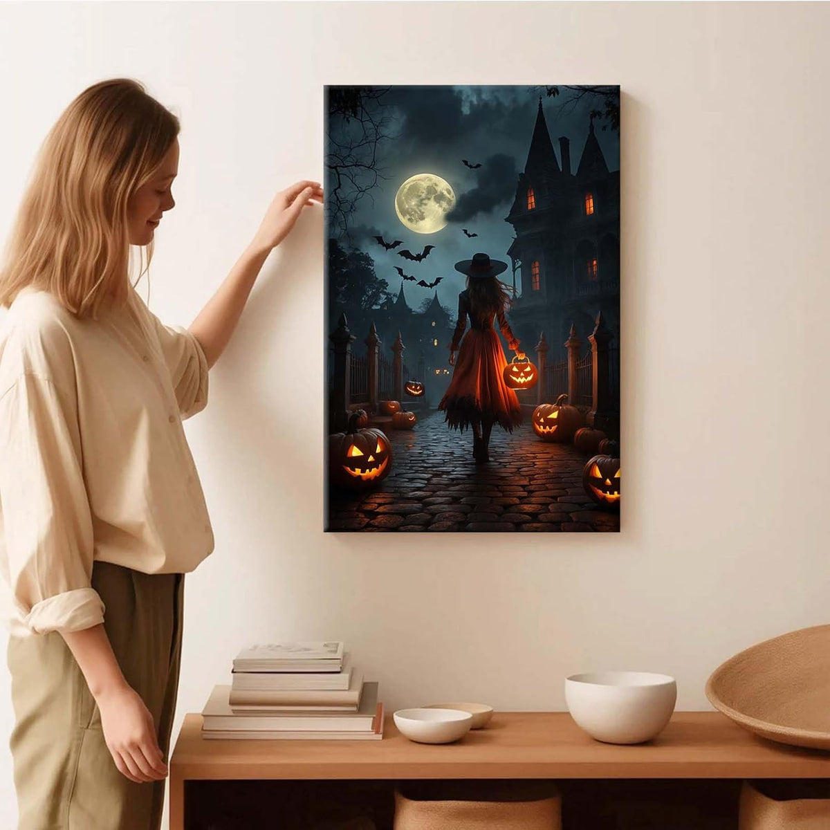 JFHCQJPK Halloween theme poster moonlit autumn night witch vintage poster art print dark college style gothic painting canvas wall decoration bedroom living room ideal gift12x16in Frameless