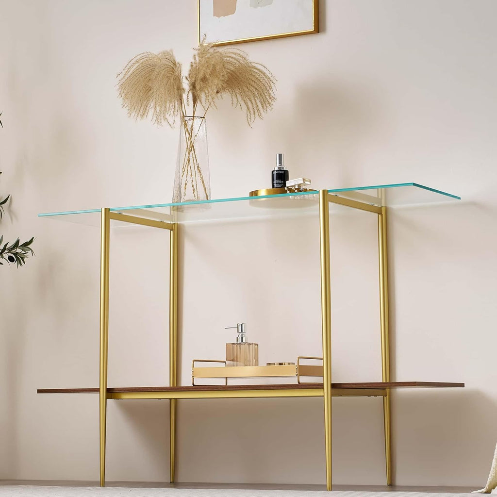 Extra Large Glass Console Table for Living Room, Foyer & Entrance, L47 x W16 x H31, Mid-Century Modern Sofa Table with Clear Glass Top, Walnut Finish Wood Top and Gold Finish Metal Frame
