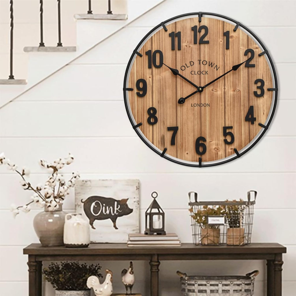 Large Old Town Farmhouse Wall Clock 24 Inch Rustic Antique Wood with Metal Circle and Large Numerals Silent Battery Operated Wall Clock for Office Kitchen Bedroom Living Room