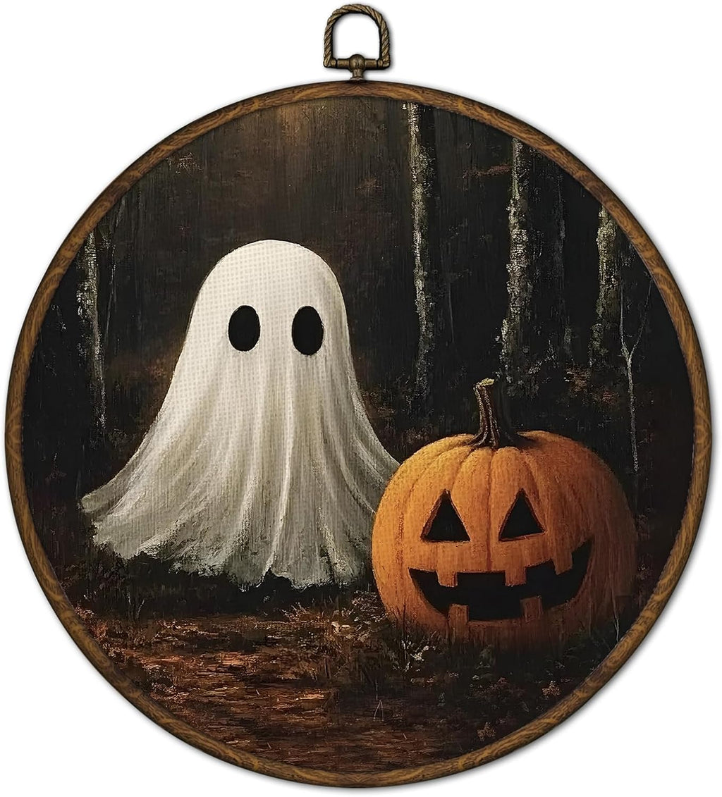 cvjutf Vintage Ghost Halloween Wall Art Framed, Ghost Bathroom Decor, Gothic Dark Academia Fall Round Wall Decor, Witchy Halloween Pumpkin Canvas Prints Art for Bedroom Bathroom Living Room, 10x10 In