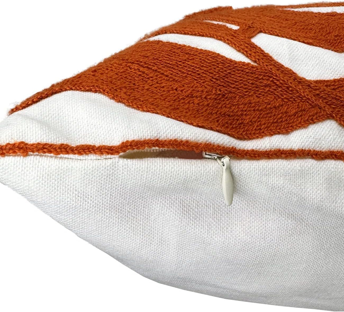 Alysheer Farmhouse Floral Leaves Embroidered Decorative Throw Pillow Cover 18x18 inches, Boho Tufted Flowers Embroidery Pattern Chic Cotton Cushion Case for Couch Bed Sofa Living Room(Burnt Orange)