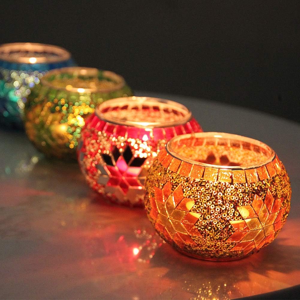 SHMILMH Votive Candle Holder Set of 4, Diwali Decoration for Home, Handmade Mosaic Glass Tealight Candle Holders for Table Centerpiece Decor,Diwali Thanksgiving