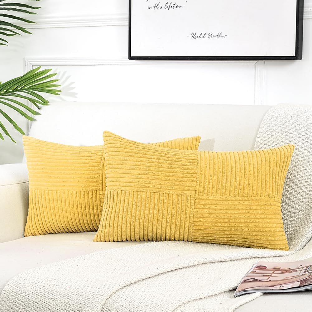 Fancy Homi 2 Packs Yellow Lumbar Decorative Throw Pillow Covers 12x20 Inch for Living Room Couch Bed Sofa, Farmhouse Boho Home Decor, Soft Striped Corduroy Rectangle Accent Cushion Case 30x50 cm