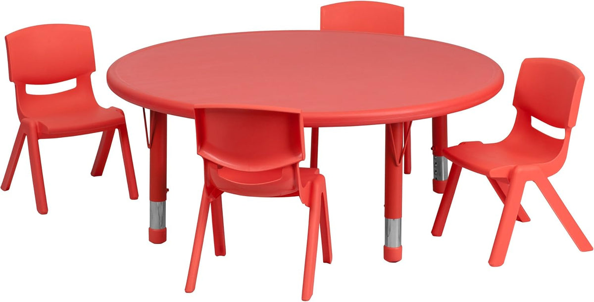 EMMA + OLIVER 45" Round Red Plastic Adjustable Activity Table Set-4 Chairs