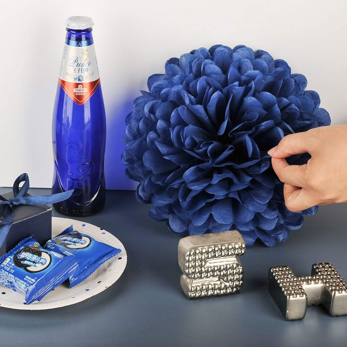 MISU 10" Navy Blue Tissue Pom Poms DIY Tissue Paper Flowers for Birthday Wedding Baby Shower Tea Party Dessert Table Decoration, Pack of 18