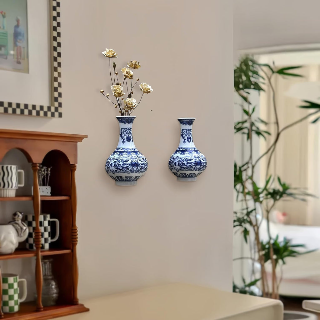 Set of Two Blue and White Porcelain Wall Vases for Flowers – Handmade Chinoiserie Ceramic Wall Mounted Flower Vase, Decorative Hanging Vases for Living Room, Bookshelf & Indoor Décor