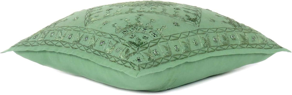 Eyes of India Embroidered Decorative Boho Throw Pillow Cover with Mirrors, Handmade Bohemian Accent Cushion Case for Sofa Couch Bedroom Living Room (Green, 24" x 24")