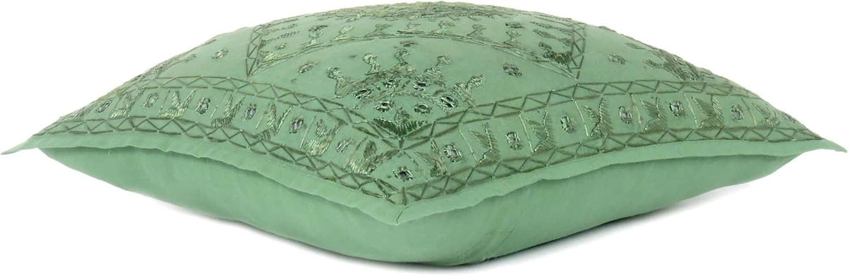 Eyes of India Embroidered Decorative Boho Throw Pillow Cover with Mirrors, Handmade Bohemian Accent Cushion Case for Sofa Couch Bedroom Living Room (Green, 24" x 24")