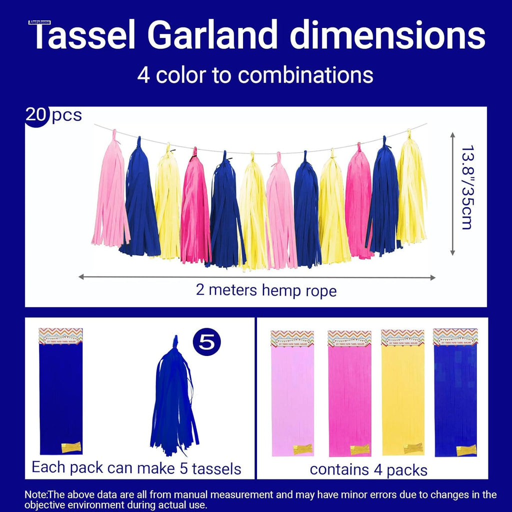 Tissue Paper Tassel Garland Banner, 20 Pack, Hot Pink Navy Blue Lemon Yellow Pink, Party Decorations for Birthday, Baby Shower