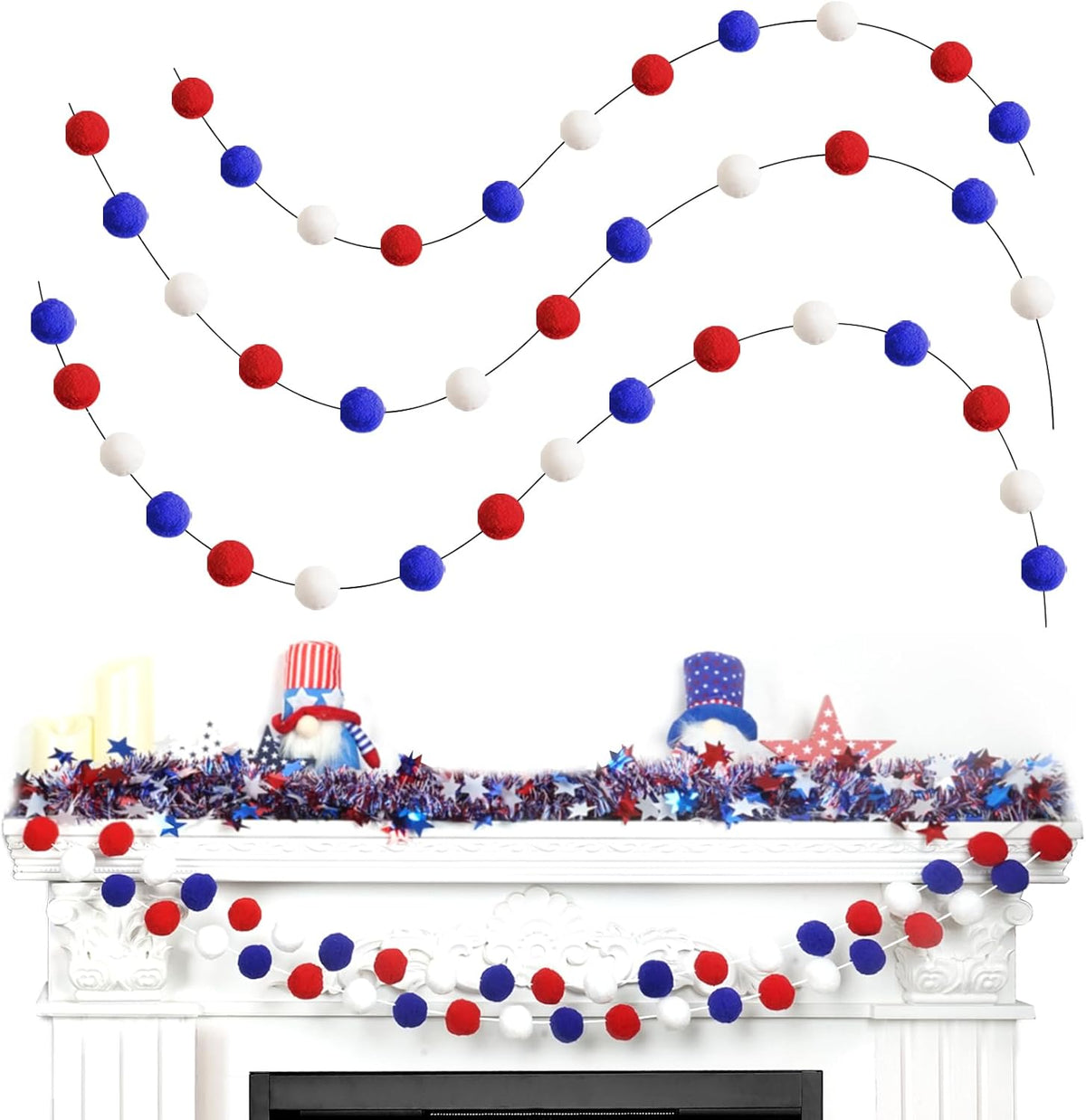 TBD Decor 3pk 4th of July Decorations Patriotic Red White Blue Pom Pom Garland 20FT 4cm Large Felt Ball Garland for Independence Day,Party Home Supplies Decorations