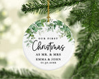 Andaz Press Personalized Our First Christmas As Mr. & Mrs. 2024 Christmas Ornaments Greenery 2.8" Round Porcelain Ceramic 1st Year Married Custom Ornament Keepsake for Newlyweds 1-Pack