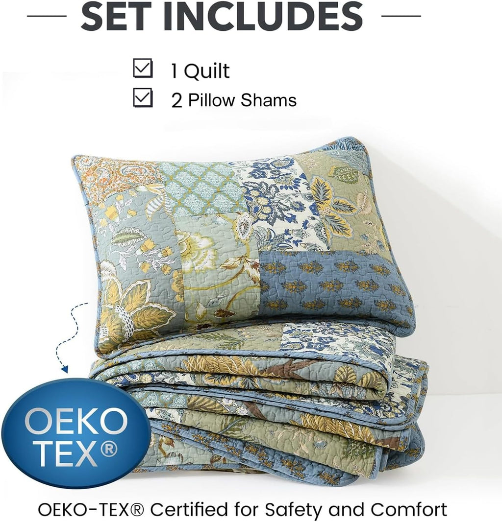 NEWLAKE Quilt Set King Size, 100% Cotton Patchwork Green Bohemian Quilt Sets, Reversible Bedspread Lightweight and Breathable for All Seasons, Soft Quilted Bedspread with 2 Pillow Shams