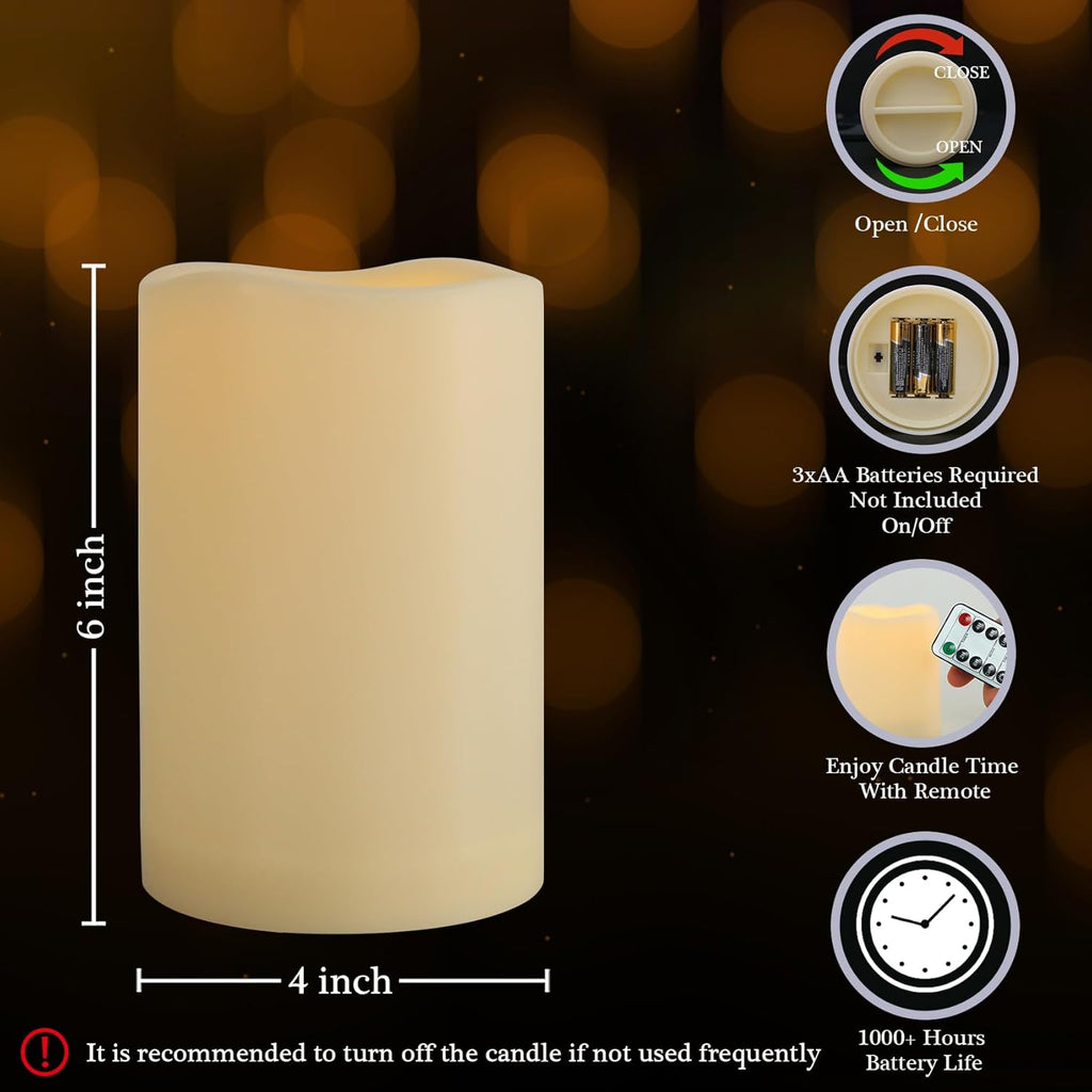 4" x 6" Large Outdoor Flameless Candles with Remote and Timer, Battery Operated Flickering LED Pillar Candles for Patio, Porch, Lantern, Ivory, Plastic, Pack of 1