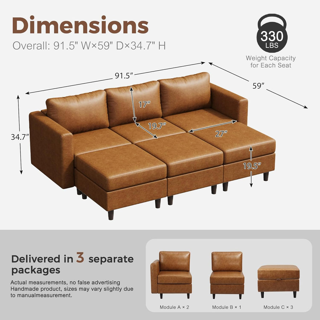 91.5" Luxury Modular Sleeper Sofa Bed with Storage Seat, 6 Seat Sectional Couch Deep Seat with Reversible Chaises & Removable Cover for Living Room - Faux Leather Brown