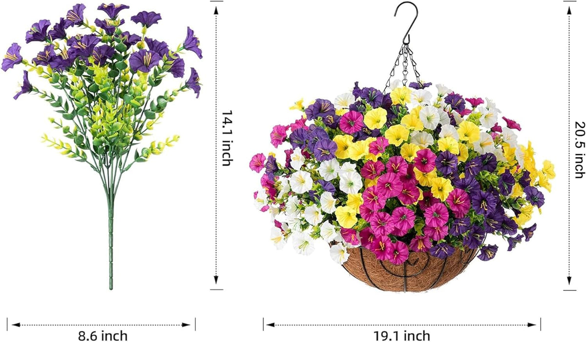 Artificial Faux Hanging Plants Flowers Basket for Spring Summer Outdoors Decoration, Fake Silk Colorful Morning Glory with Eucalyptus Look Real UV Resistant for Outside Porch Patio Balcony Garden Home