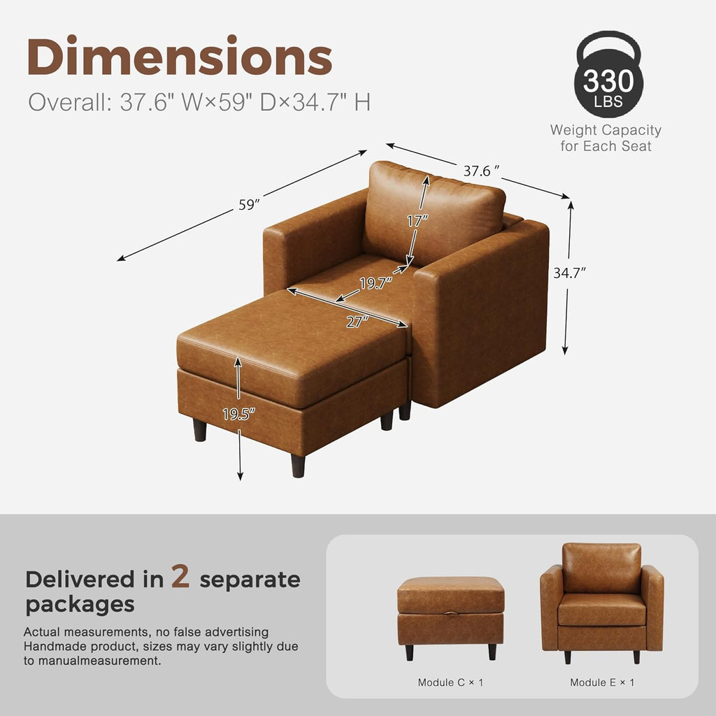 Faux Leather Single Sofa with Storage Ottoman, Modern Accent Chair Deep Seat Large Reading Armchair, Chaise Lounge Chair for Living Room Bedroom Office Brown