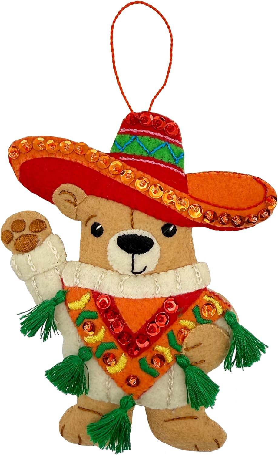 Cinco de Mayo Felt Bear Ornament Kit – Handmade Felt Christmas Decoration – Embroidered Sombrero Bear with Sequins and Tassels – Mexican Fiesta Theme