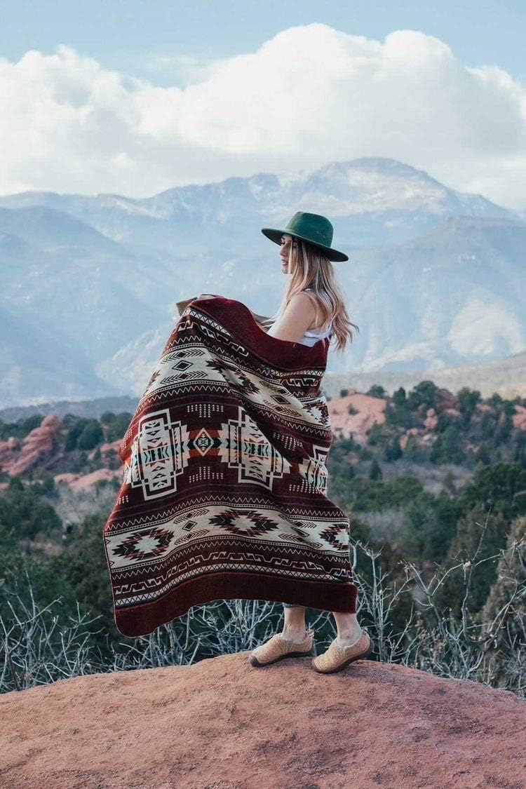 Inca Aztec Throw, Queen, King Blanket | Southwest Indian Navajo Boho Style | Native Cover for Camping, Bedding, Couch, Vanlife | Faux Alpaca, Lightweight, Hypoallergenic (Vinincunca Maroon, Throw)