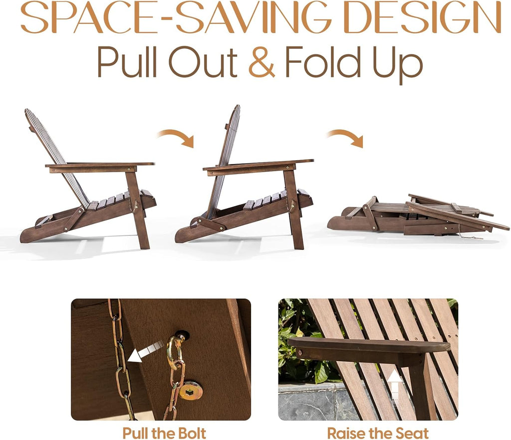 IDZO Outdoor Wooden Folding Adirondack Chair Set of 2 with Pre-Assembled BackRest, Wood Patio Chair for Garden Backyard Porch Pool Deck Firepit