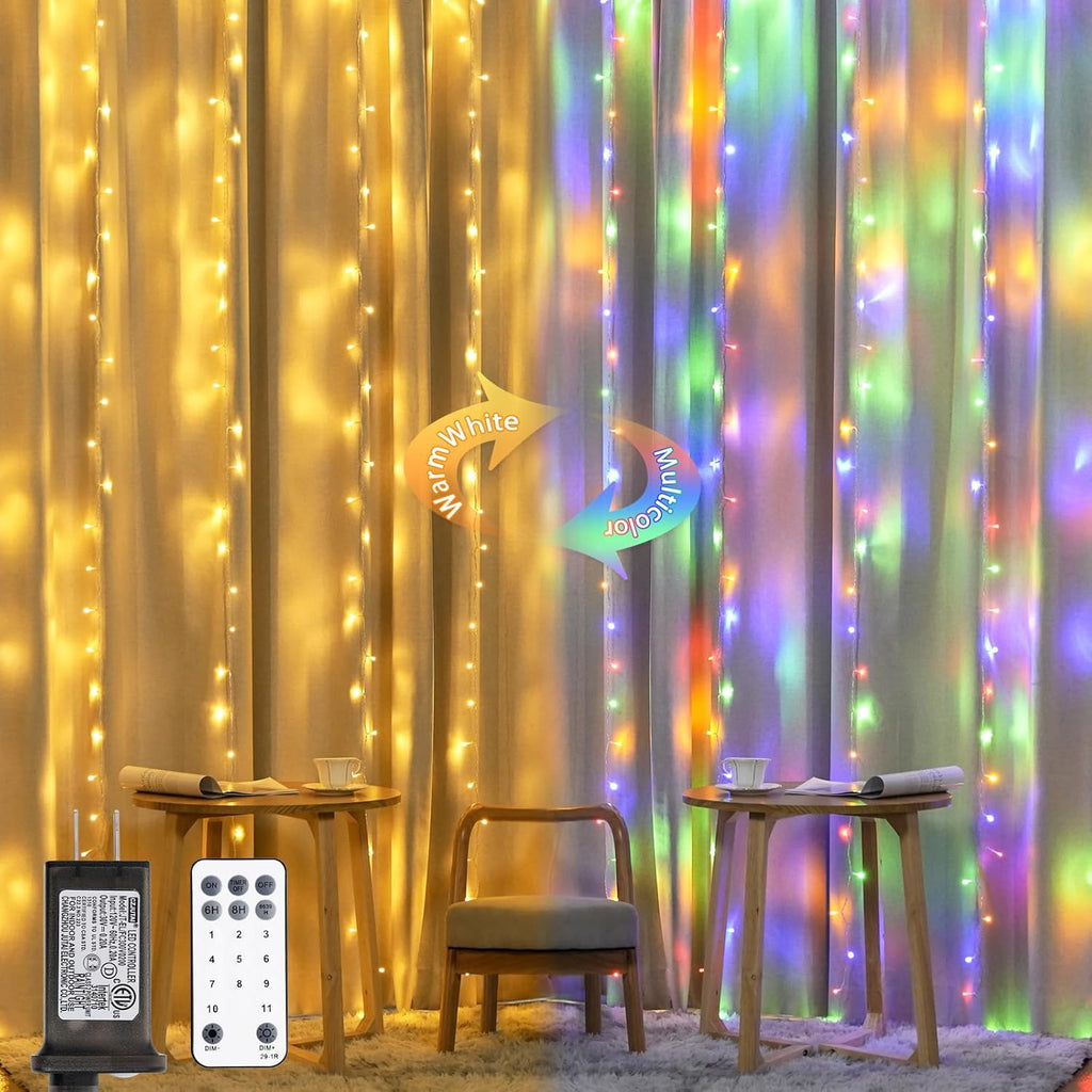 JMEXSUSS 300LED Dual Color Changing Curtain Lights with Remote, 9.8 x 9.8ft Connectable Plug in Christmas String Lights for Bedroom Backdrop Outdoor Decor, Warm White to Multicolor