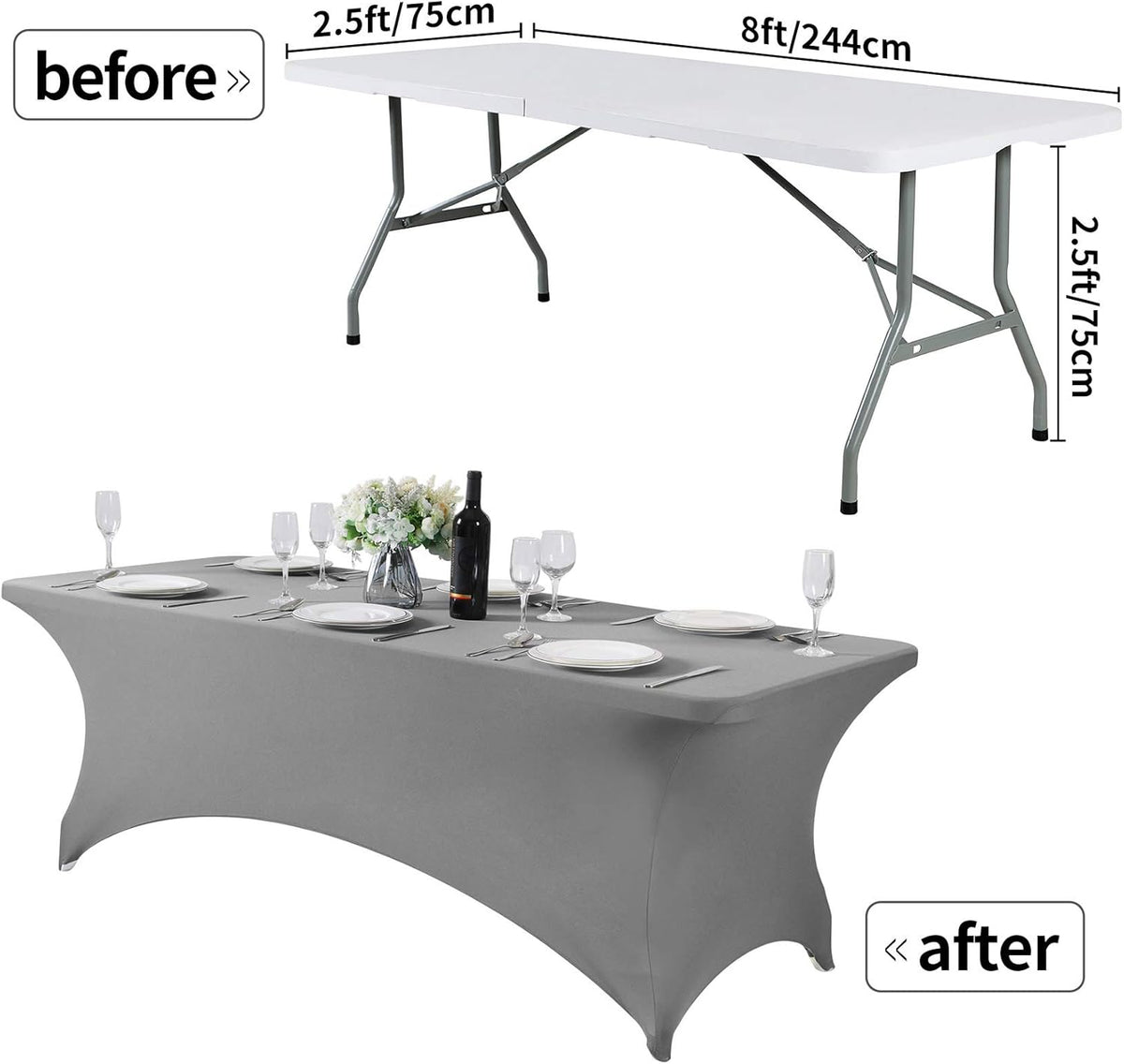 Spandex Table Cover for 8FT or 4ft or 6ft Table Universal Fitted Stretch Tablecloth for Party, Banquet, Wedding and Events-Gray
