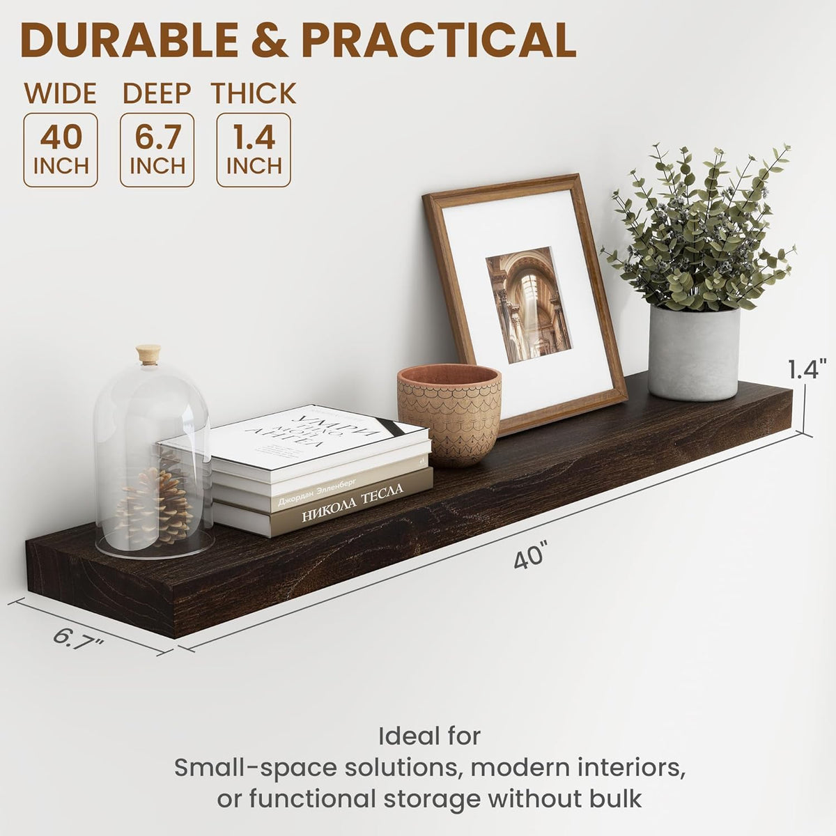 40 Inch Floating Shelves for Wall, Rustic Elm Wood Shelf for Home Decor, Heavy-Duty Wooden Floating Shelves for Kitchen, Wall Mounted Storage Shelves for Bathtoom, Living Room, Walnut Color, Set of 1