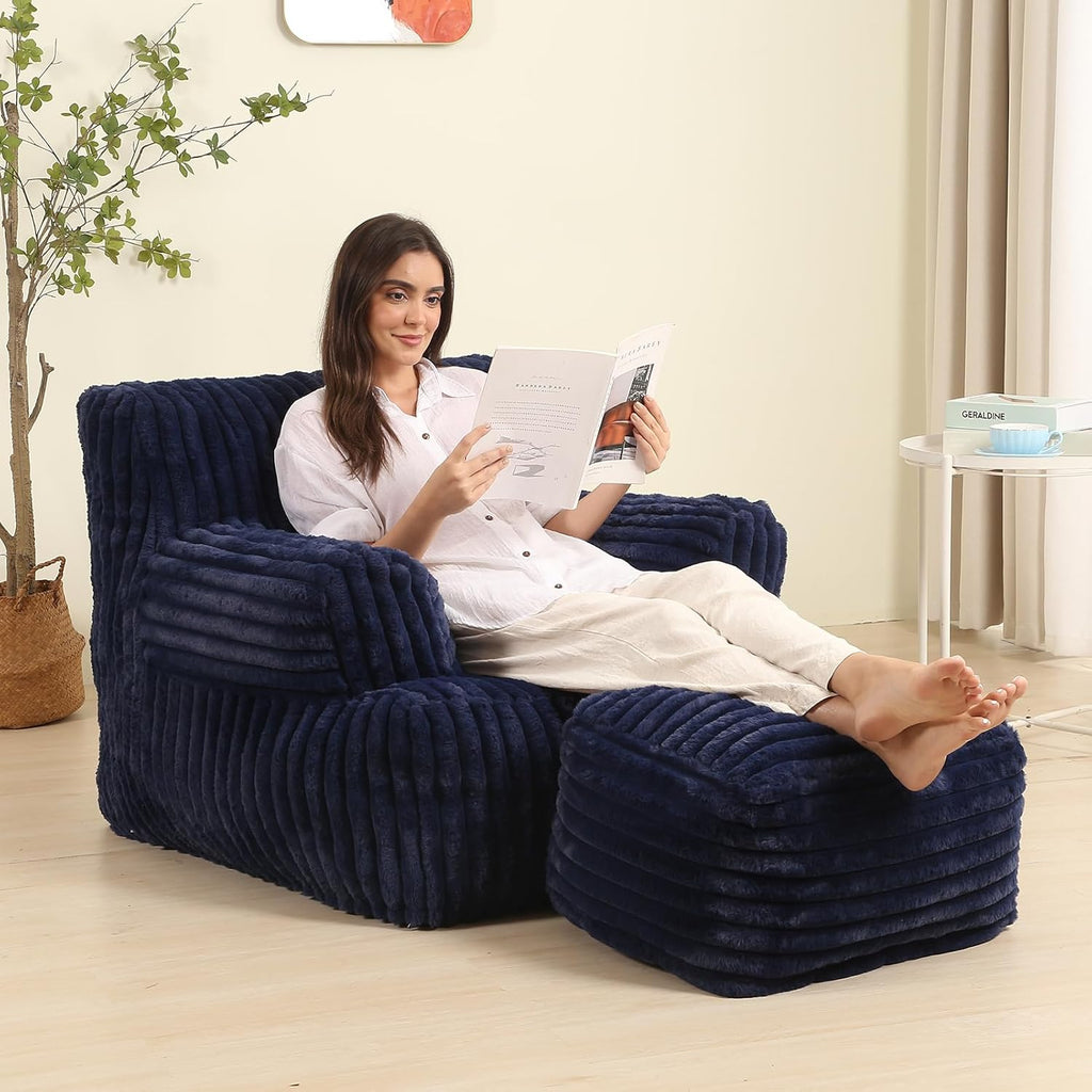 Comfy Gaint Bean Bag Chair with Ottoman, Fluffy Huge Bean Bag Armchair for Adults and Teens, Dark Blue